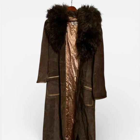 Vintage Long Brown Leather & Suede Coat w/ Lamb Fur Trim – Suede Belt - Picture 1 of 8